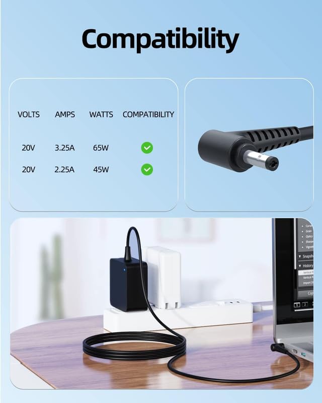 Compatible Lenovo 45W Power Adapter 20V 2.25A for Lenovo IdeaPad Laptop (4.0 mm*1.7 mm)- Power Cable Included